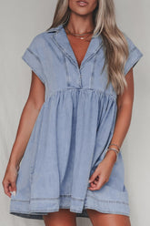Lapel Neck Cap Sleeve Denim Babydoll Dress Medium OutfitFlow
