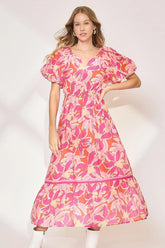 Umgee Floral Notched Puff Sleeve Midi Dress Fuchsia Pink OutfitFlow