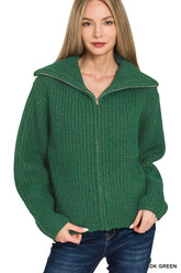 Zenana High Neck Full Zip Sweater Cardigan DK GREEN OutfitFlow