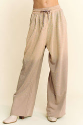 Davi & Dani Rhinestone Drawstring Wide Leg Pants Tan OutfitFlow