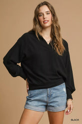 Umgee Linen Long Sleeves Elastic Hem Blouse Black OutfitFlow