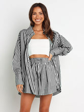 Striped Dropped Shoulder Shirt and Shorts Set Black OutfitFlow
