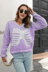 Skeleton Pattern V-Neck Long Sleeve Pullover Sweater Lavender OutfitFlow