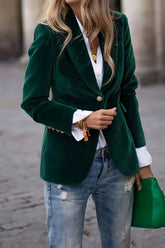 Lapel Collar One Button Blazer Dark Green OutfitFlow