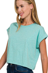 Zenana Rolled Sleeve Crop T-Shirt H TURQUOISE OutfitFlow