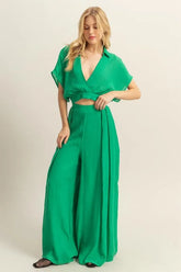 HYFVE Kimono Sleeve Crop Top and Wide Leg Pants Set Green OutfitFlow
