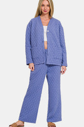 Zenana Quilted Button Up Long Sleeve Top and Pants Lounge Set Blue Purple OutfitFlow