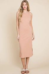 BOMBOM Ribbed Knit Sleeveless Midi Dress Apricot OutfitFlow
