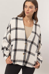 HYFVE Plaid Long Sleeve Jacket with Side Slit Pockets Cream OutfitFlow