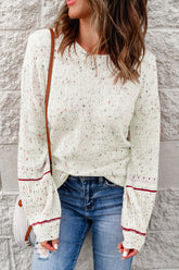 Pilling Detail Round Neck Long Sleeve Sweater White OutfitFlow