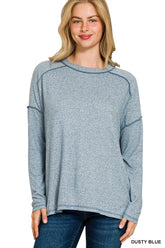 Zenana Full Size Melange Hacci Exposed Seam Hi-low Tee Plus Size DUSTY BLUE OutfitFlow