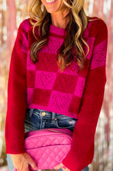 Checkered Round Neck Dropped Shoulder Sweater Deep Red OutfitFlow