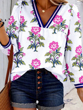 Floral Print Striped V Neck Blouse White OutfitFlow