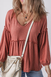 Frill V-Neck Long Sleeve Blouse Coral OutfitFlow