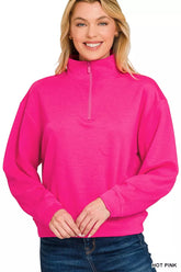 Zenana Scuba Half Zip Pullover Sweatshirt HOT PINK Trendsi