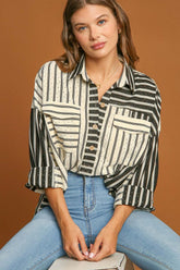 Umgee Full Size Pointelle Stripped Half Button Collared Neck Top Plus Size Black OutfitFlow