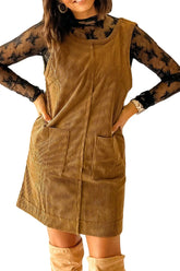 Corduroy Pocket Front Mini Overall Dress Camel OutfitFlow