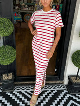Full Size Striped T-Shirt Maxi Dress with Side Slit Plus Size Red OutfitFlow
