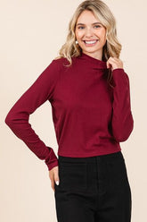 Mittoshop Mock Neck Rib Knit Long Sleeve Crop Top Wine OutfitFlow