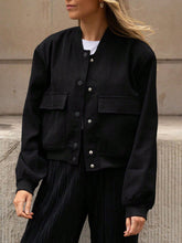 Pocketed Snap Down Baseball Collar Jacket Black OutfitFlow