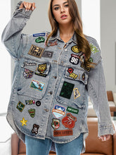 Embroidered Patch Button Up Long Sleeve Denim Jacket Medium OutfitFlow
