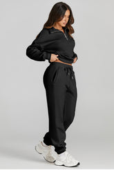Quarter Zip Top and Drawstring Pants Active Set Black OutfitFlow