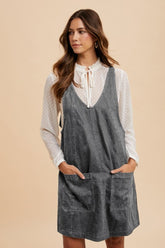 Annie Wear V-Neck Adjustable Strap Denim Overall Dress with Pockets Charcoal OutfitFlow