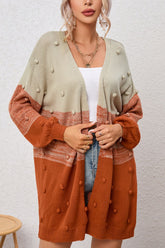 Pompom Color Block Open Front Cardigan Caramel OutfitFlow