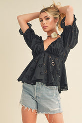 Aemi + Co Eyelet Embroidered V-Neck Half Sleeve Peplum Blouse Black OutfitFlow