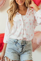 Heart Print Collared Neck Long Sleeve Shirt White OutfitFlow