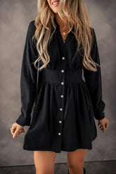 Ruched Button Up Long Sleeve Dress Black OutfitFlow
