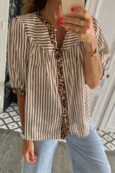 Striped Leopard Trim Button-Down Shirt Brown OutfitFlow