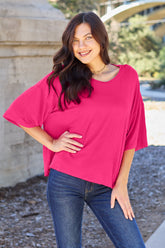 Basic Bae Full Size Round Neck Drop Shoulder T-Shirt Hot Pink OutfitFlow
