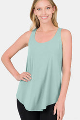 Zenana Round Neck Curved Hem Tank DUSTY GREEN OutfitFlow
