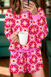 Geometric Round Neck Top and Shorts Set Hot Pink OutfitFlow