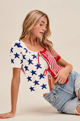 SO ME Stars and Stripe Front Bow Tie Sweater Cardigan IVORY RED OutfitFlow