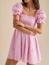 Eyelet Puff Sleeve Smocked Mini Dress Pink OutfitFlow