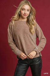 Umgee Round Neck Long Sleeve Side Slit Top LATTE OutfitFlow