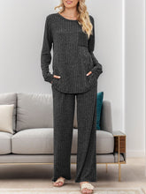 Round Neck Long Sleeve Top and Pants Set Dark Gray OutfitFlow