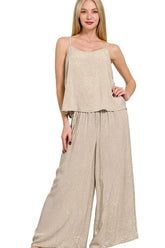 Zenana Woven Acid Crinkle Washed Cami & Pants 2 Piece Set ASH MOCHA OutfitFlow