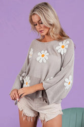 BiBi Flower Embroidery Loose Fit Knit Top GREY OutfitFlow