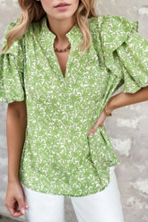 Floral Ruffle Puff Short Sleeve Frilled Notched Blouse Light Green OutfitFlow