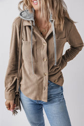 Drawstring Button Up Long Sleeve Hooded Jacket Mocha OutfitFlow
