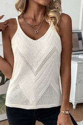 Openwork Spaghetti Strap Knit Vest White OutfitFlow