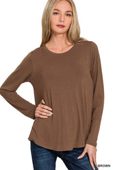 Zenana Flowy Round Hem Rayon Long Sleeve Top BROWN OutfitFlow