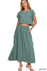 Zenana Heavy Woven Span Crop Tee & Skirt Set ASH JADE OutfitFlow