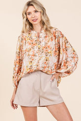 Mittoshop Flower Print Batwing Sleeve Button Down Blouse Ginger OutfitFlow