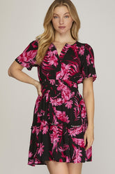 She + Sky Full Size Printed Notched Short Sleeve Frill Tiered Dress Plus Size Black OutfitFlow