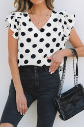 Polka Dot Ruffled Cap Sleeve V Neck Blouse Dot OutfitFlow