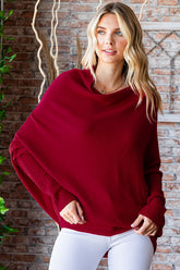 First Love Full Size Asymmetrical Hem Dolman Sleeve Sweater Burgundy OutfitFlow